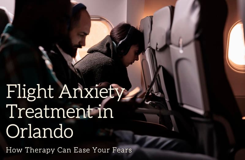Passengers on an airplane, highlighting flight anxiety treatment options in Orlando and how therapy can help ease fears.